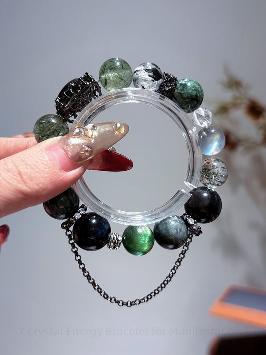 7 Crystal Energy Bracelet for Manifestation & Protection | Green Aventurine, Lepidolite & Tiger Eye Healing Stones | Spiritual Balance Jewelry