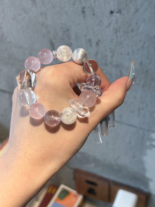 Alice's Dream Crystal Bracelet - Pink Quartz, Snowflake Phantom & Clear Quartz for Energy Balance, Self-Love, Focus | Handmade Healing Gemstones