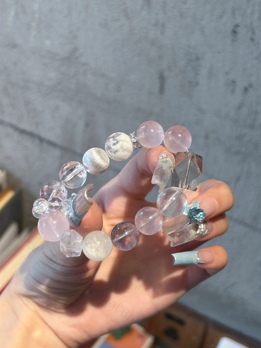 Alice's Dream Crystal Bracelet - Pink Quartz, Snowflake Phantom & Clear Quartz for Energy Balance, Self-Love, Focus | Handmade Healing Gemstones