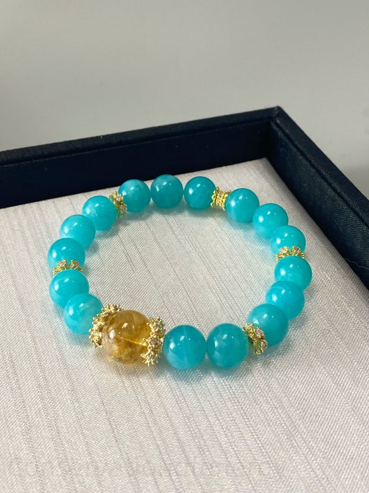 Amazonite & Golden Rutilated Quartz Bracelet for Confidence, Wealth Energy and Positive Decision-Making - Balanced Chakra Crystal Jewelry Gift
