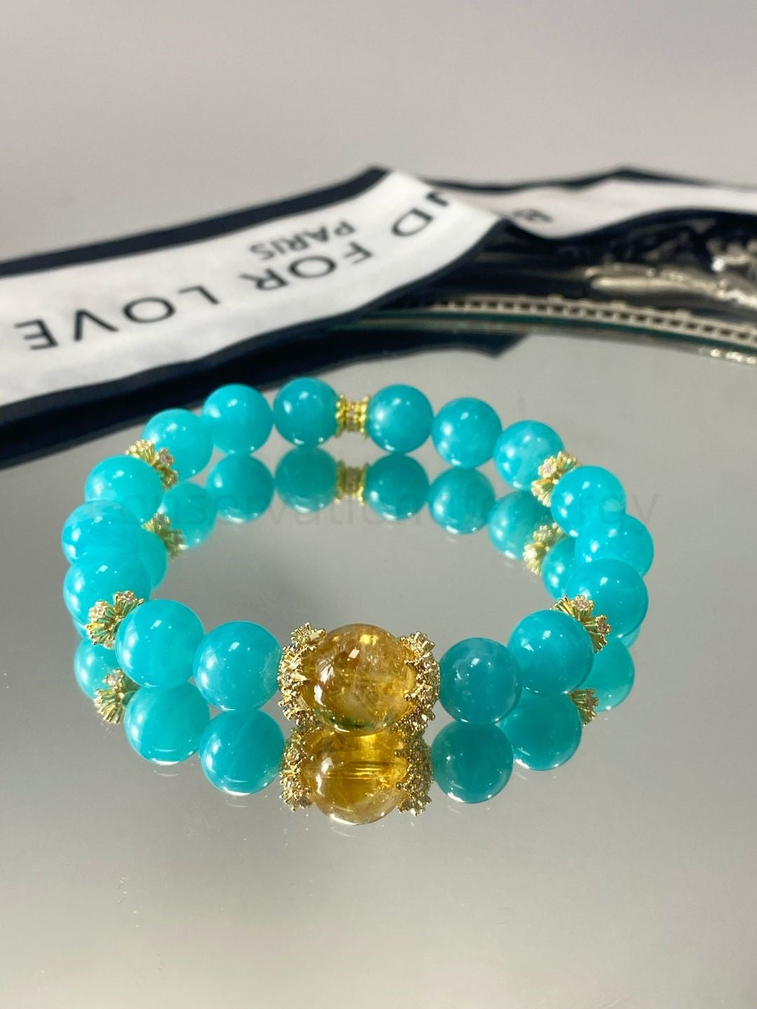 Amazonite & Golden Rutilated Quartz Bracelet for Confidence, Wealth Energy and Positive Decision-Making - Balanced Chakra Crystal Jewelry Gift