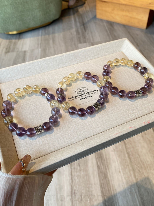 Amethyst Tower & Golden Aura Crystal Bracelet - Energy Alignment, Wealth Attraction Spiritual Jewelry for Women Men