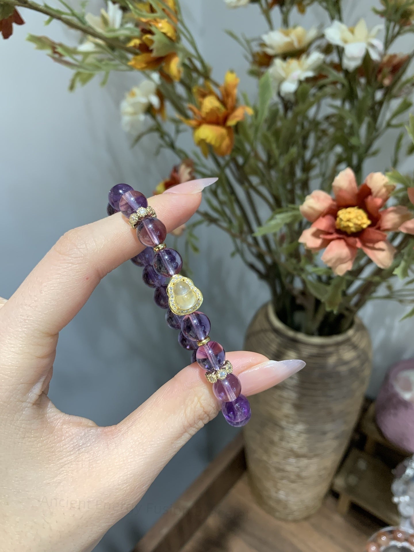 Ancient Energy Fusion Bracelet: Brazilian Amethyst & Jade Gourd for Crown-Heart Chakra Alignment