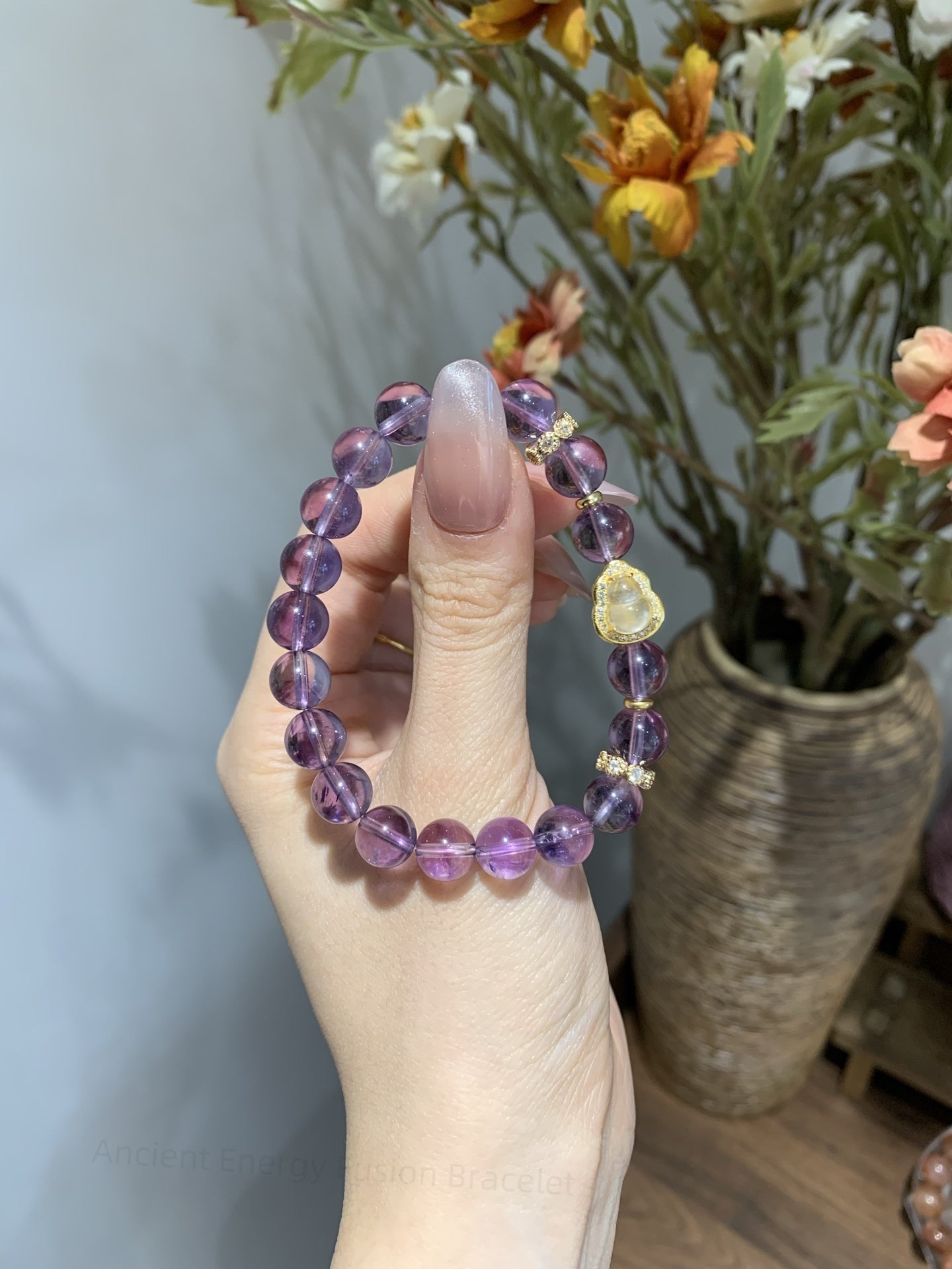 Ancient Energy Fusion Bracelet: Brazilian Amethyst & Jade Gourd for Crown-Heart Chakra Alignment