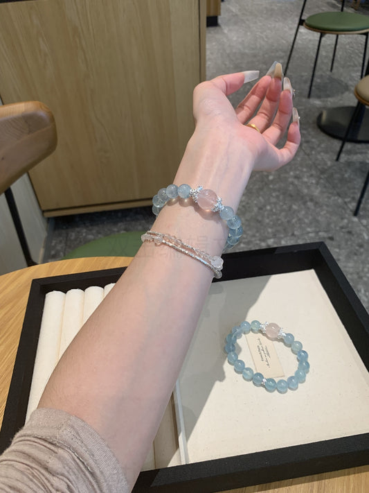 Aquamarine & Rose Quartz Crystal Bracelet for Love, Communication & Emotional Balance - Positive Energy Jewelry