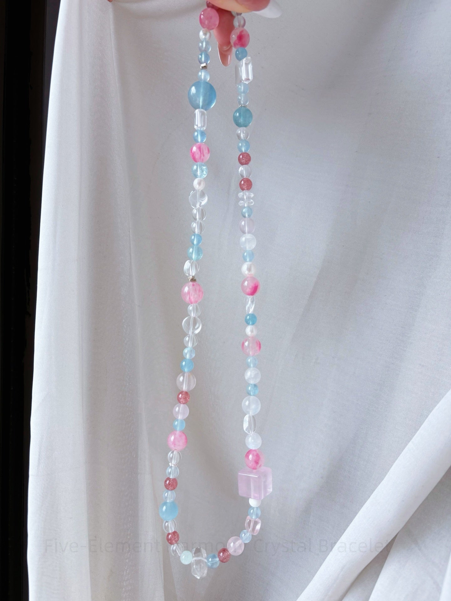 Five-Element Harmony Crystal Bracelet - Rose Quartz, Aquamarine, Strawberry Gem, Double-Terminated Quartz, Citrine