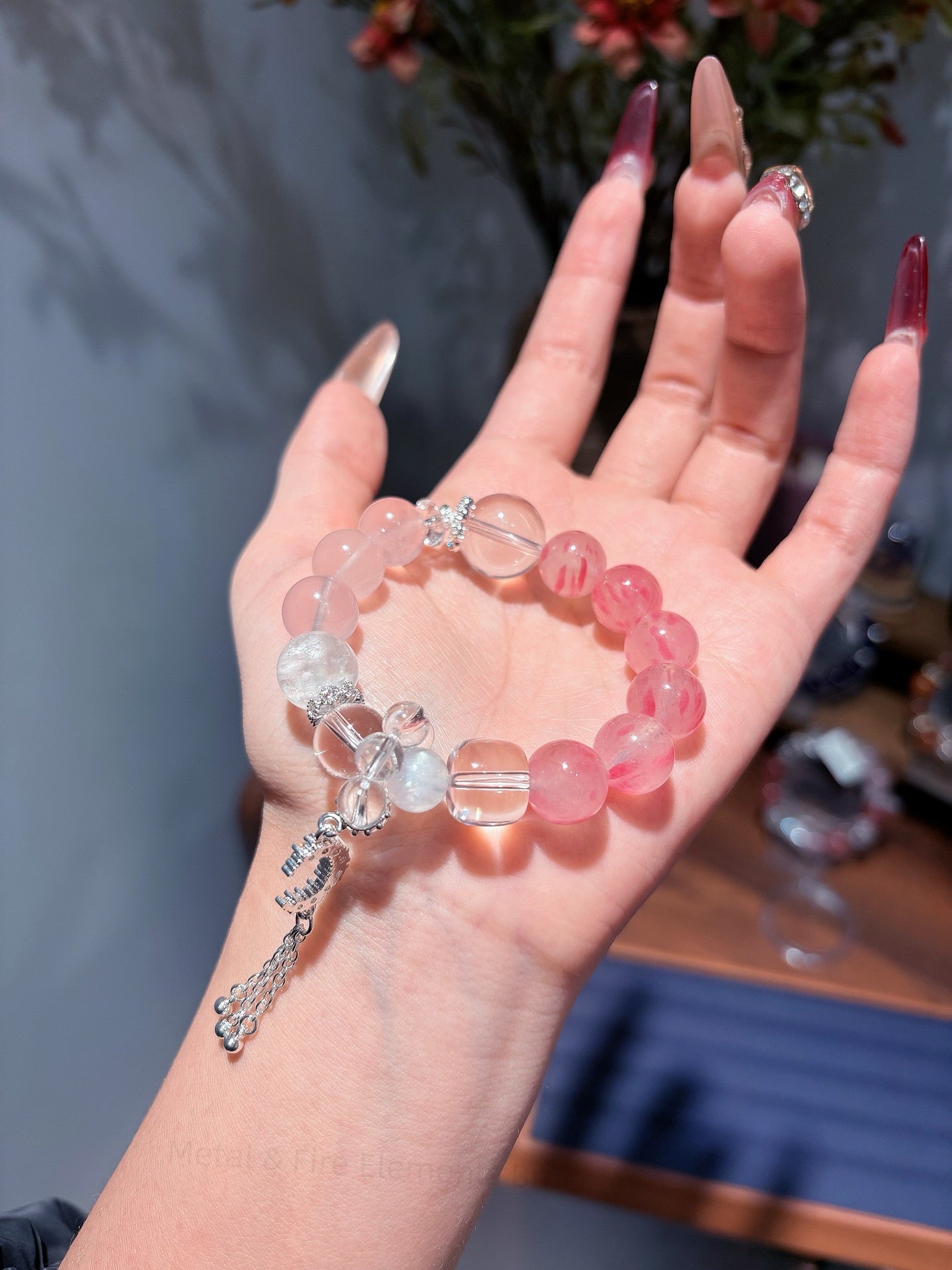 Five Elements Energy Balance Crystal Bracelet - Cherry Blossom Rain, Pink Aventurine, White Howlite & Moonstone for Harmony