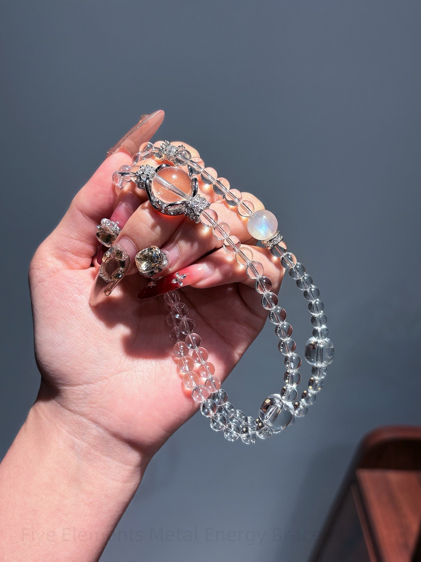Five Elements Metal Energy Bracelet - Moonstone, Azeztulite, Clear Quartz for Harmony & Spiritual Growth