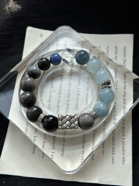 Five Elements Water Energy Crystal Bracelet - Silver Obsidian, Aquamarine, Tiger's Eye & Morganite for Protection, Communication & Inner Balance