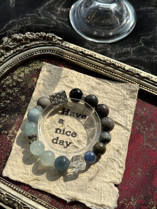 Five Elements Water Energy Crystal Bracelet - Silver Obsidian, Aquamarine, Tiger's Eye & Morganite for Protection, Communication & Inner Balance