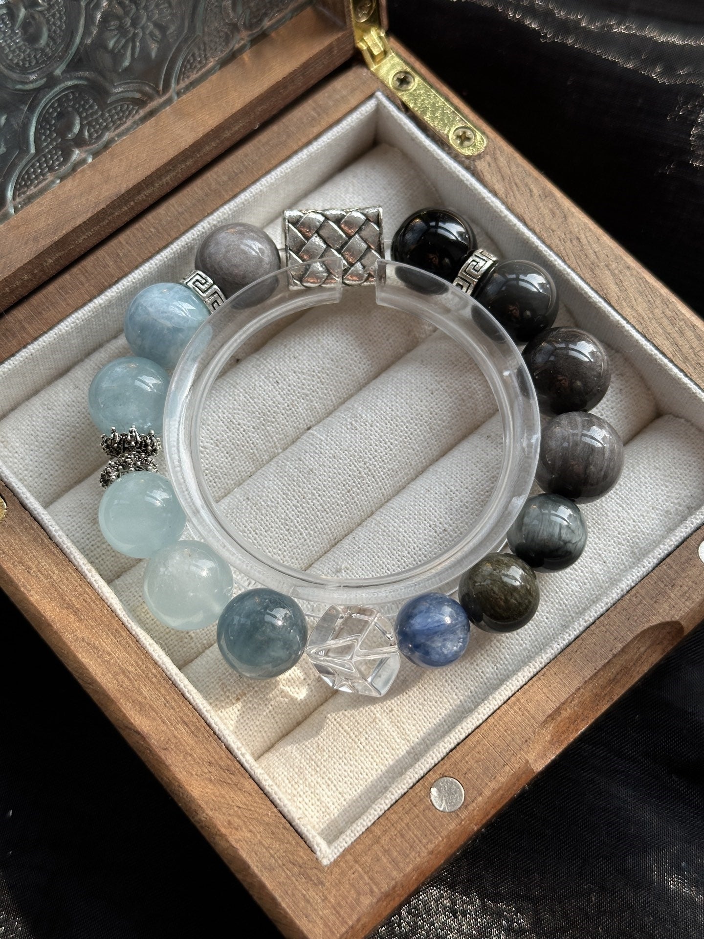Five Elements Water Energy Crystal Bracelet - Silver Obsidian, Aquamarine, Tiger's Eye & Morganite for Protection, Communication & Inner Balance