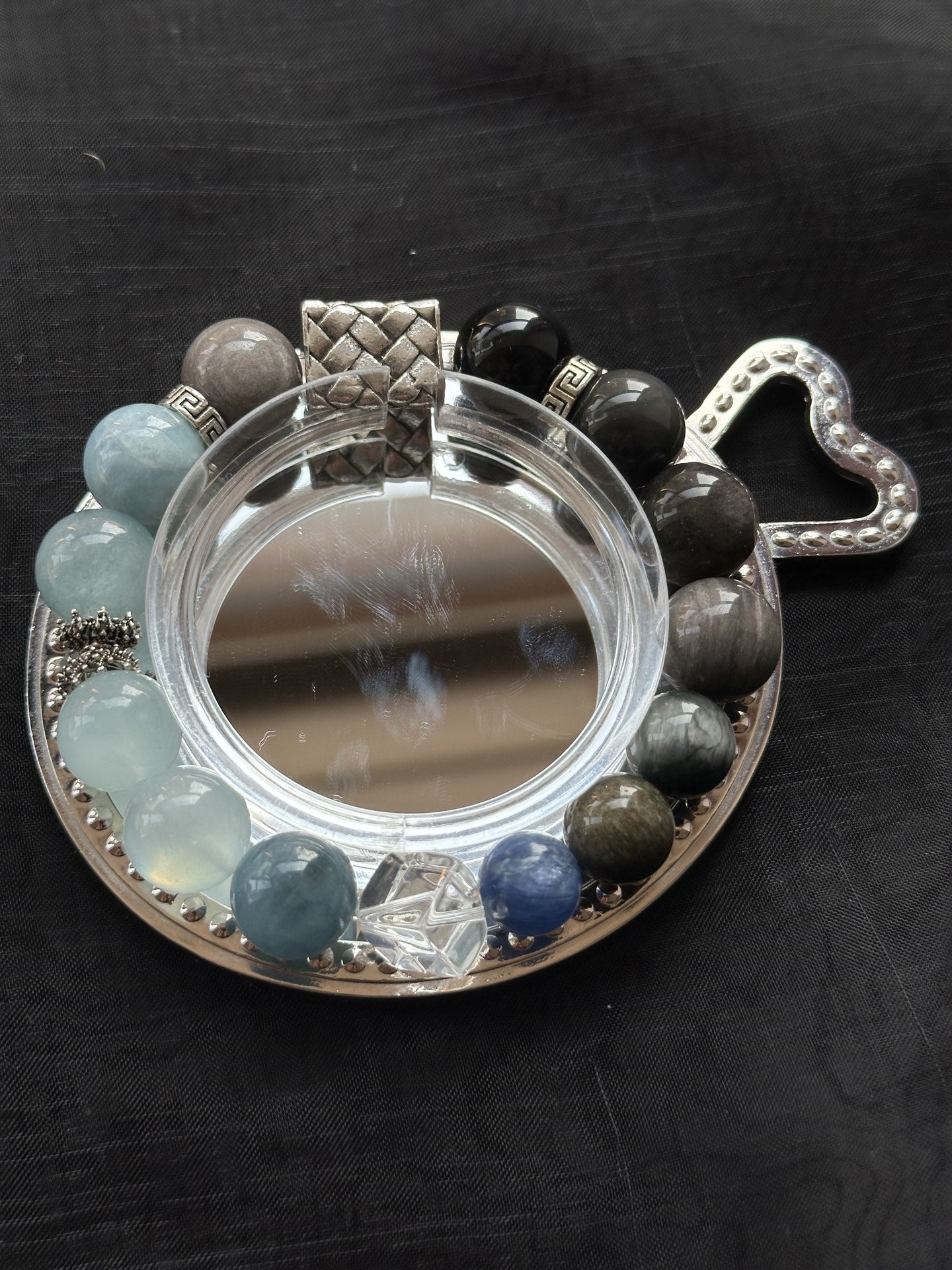 Five Elements Water Energy Crystal Bracelet - Silver Obsidian, Aquamarine, Tiger's Eye & Morganite for Protection, Communication & Inner Balance