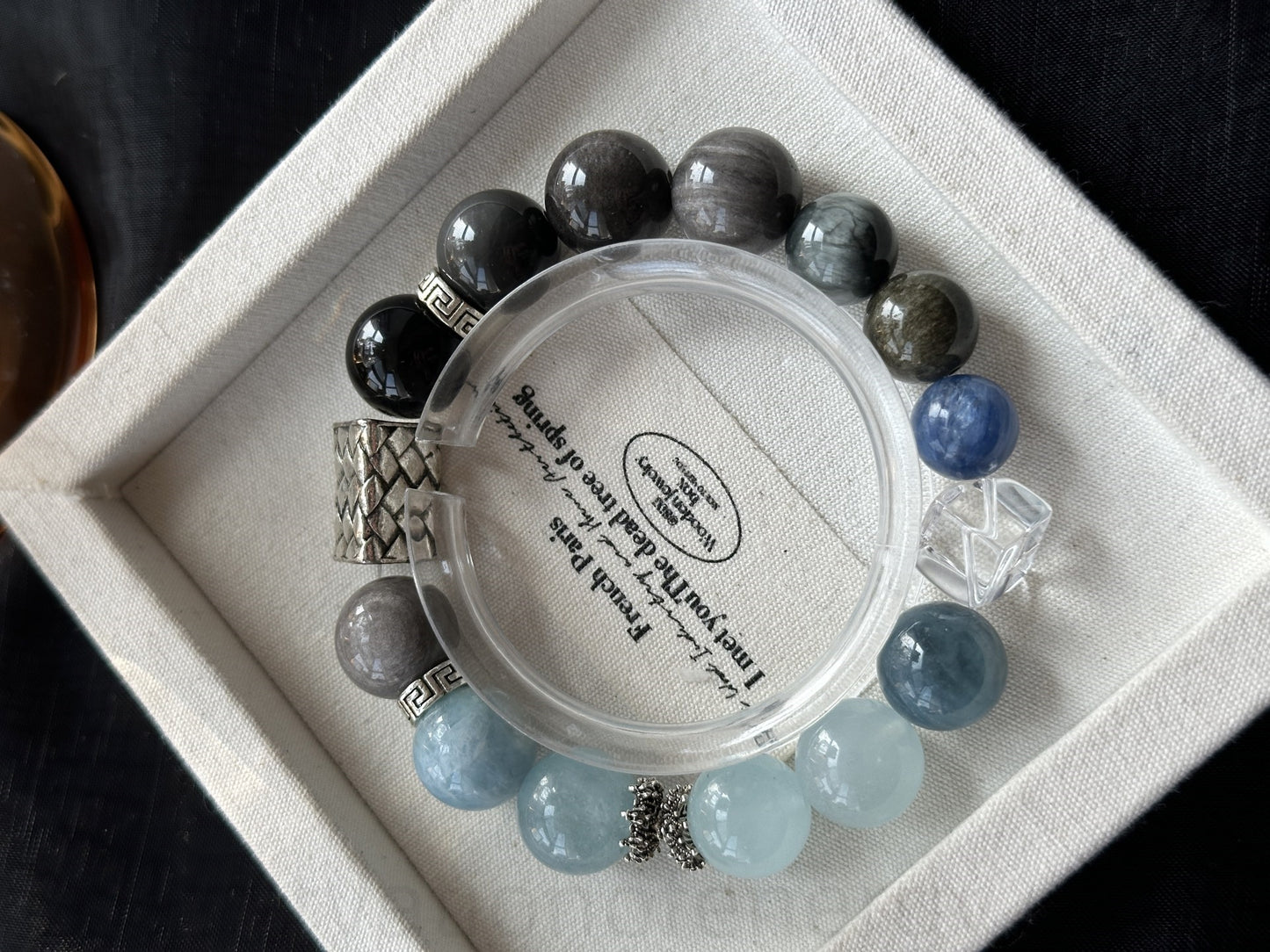 Five Elements Water Energy Crystal Bracelet - Silver Obsidian, Aquamarine, Tiger's Eye & Morganite for Protection, Communication & Inner Balance