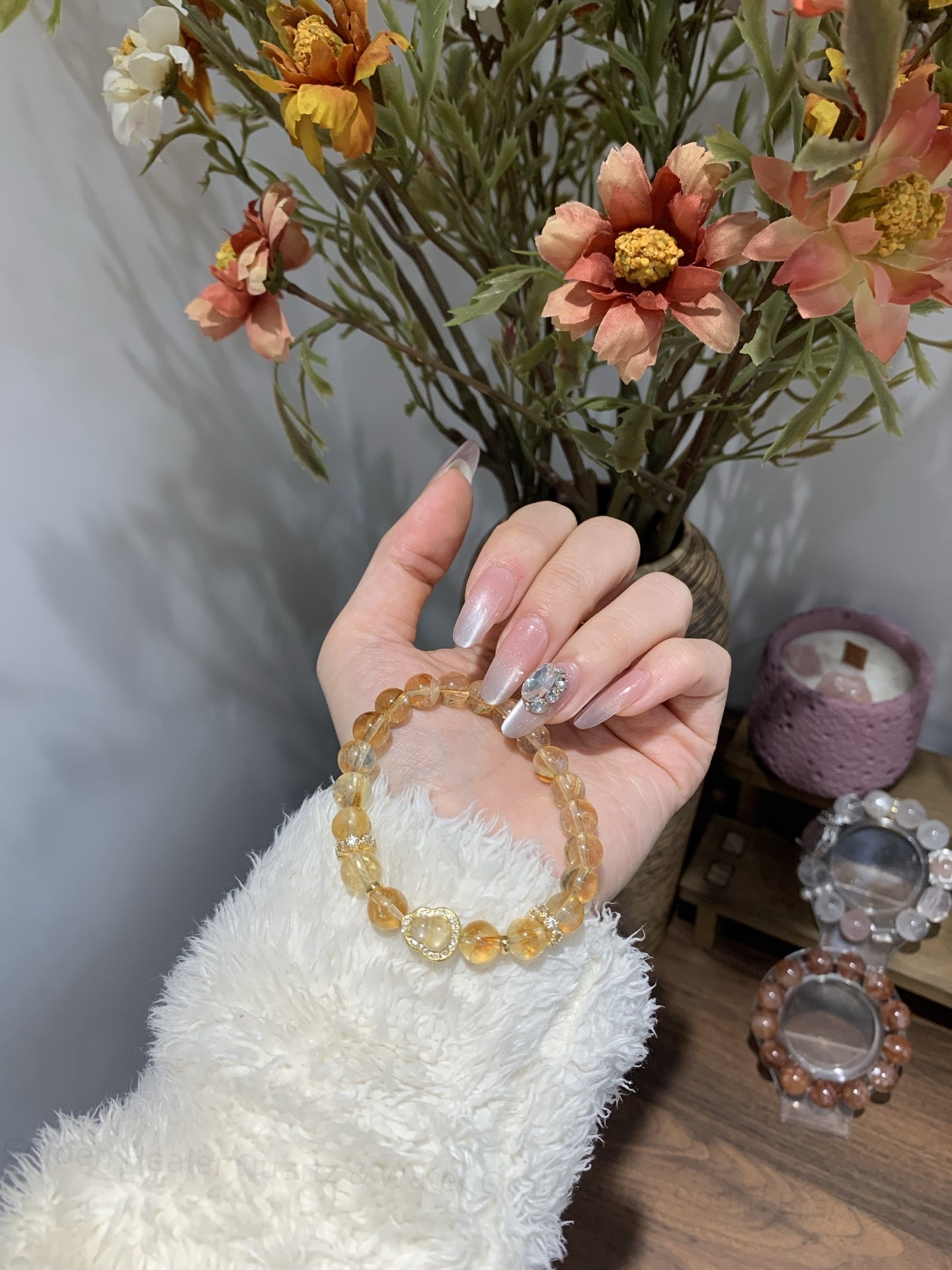 Golden Healer Quartz & Water Chalcedony Gourd Bracelet - Sacred Geometry Energy Amplifier for Prosperity Flow