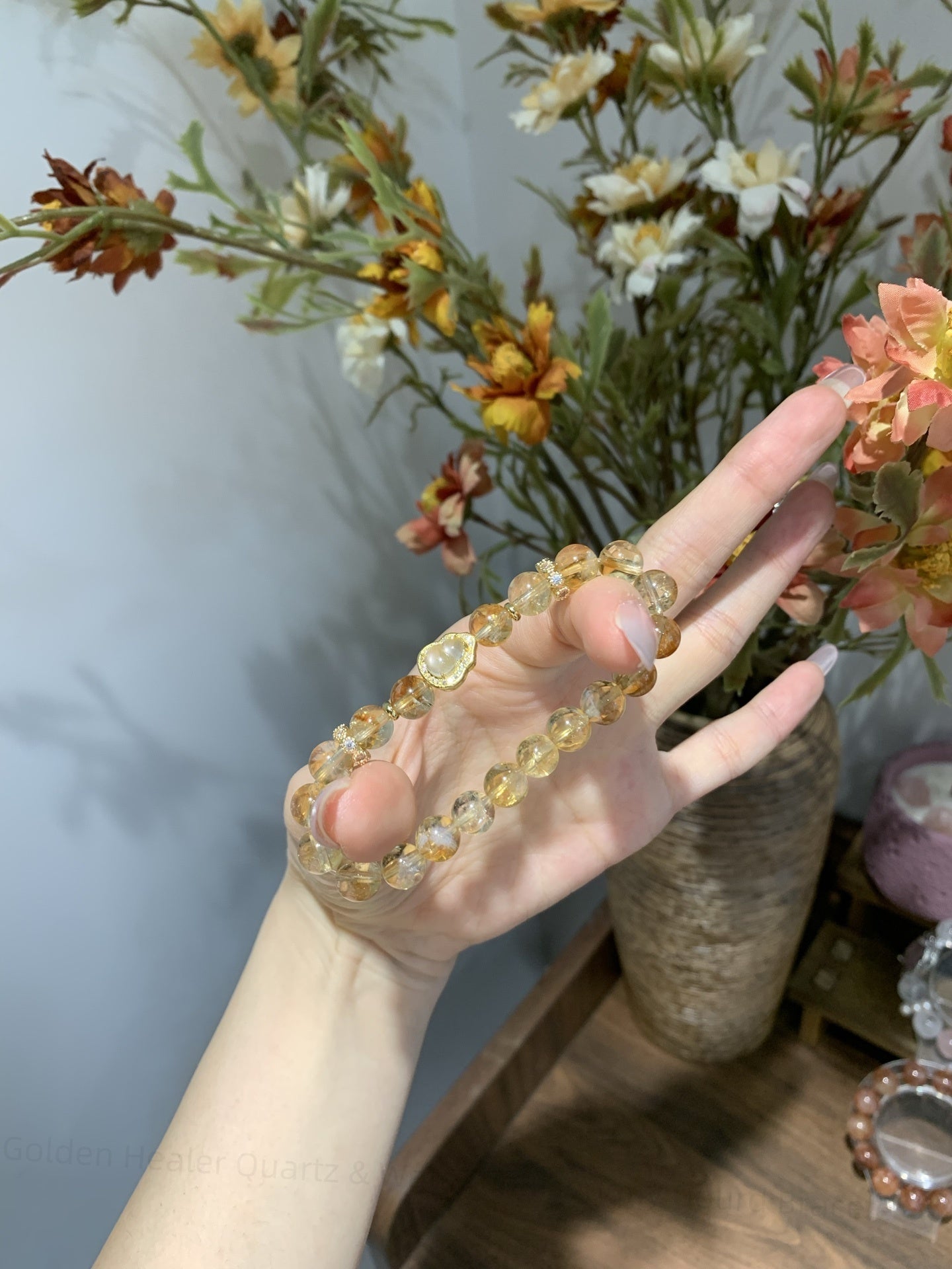 Golden Healer Quartz & Water Chalcedony Gourd Bracelet - Sacred Geometry Energy Amplifier for Prosperity Flow