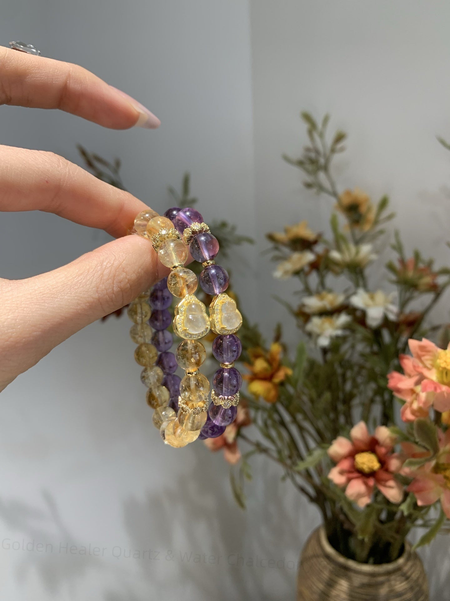 Golden Healer Quartz & Water Chalcedony Gourd Bracelet - Sacred Geometry Energy Amplifier for Prosperity Flow
