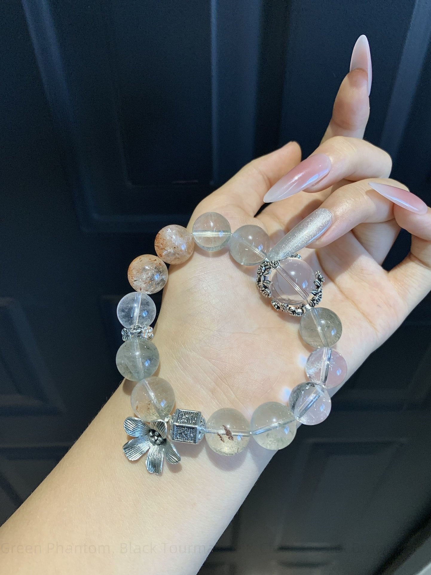 Green Phantom, Black Tourmaline & Clear Crystal Bracelet - Wealth Attracting, Energy Balancing & Protection Chakra Bracelet