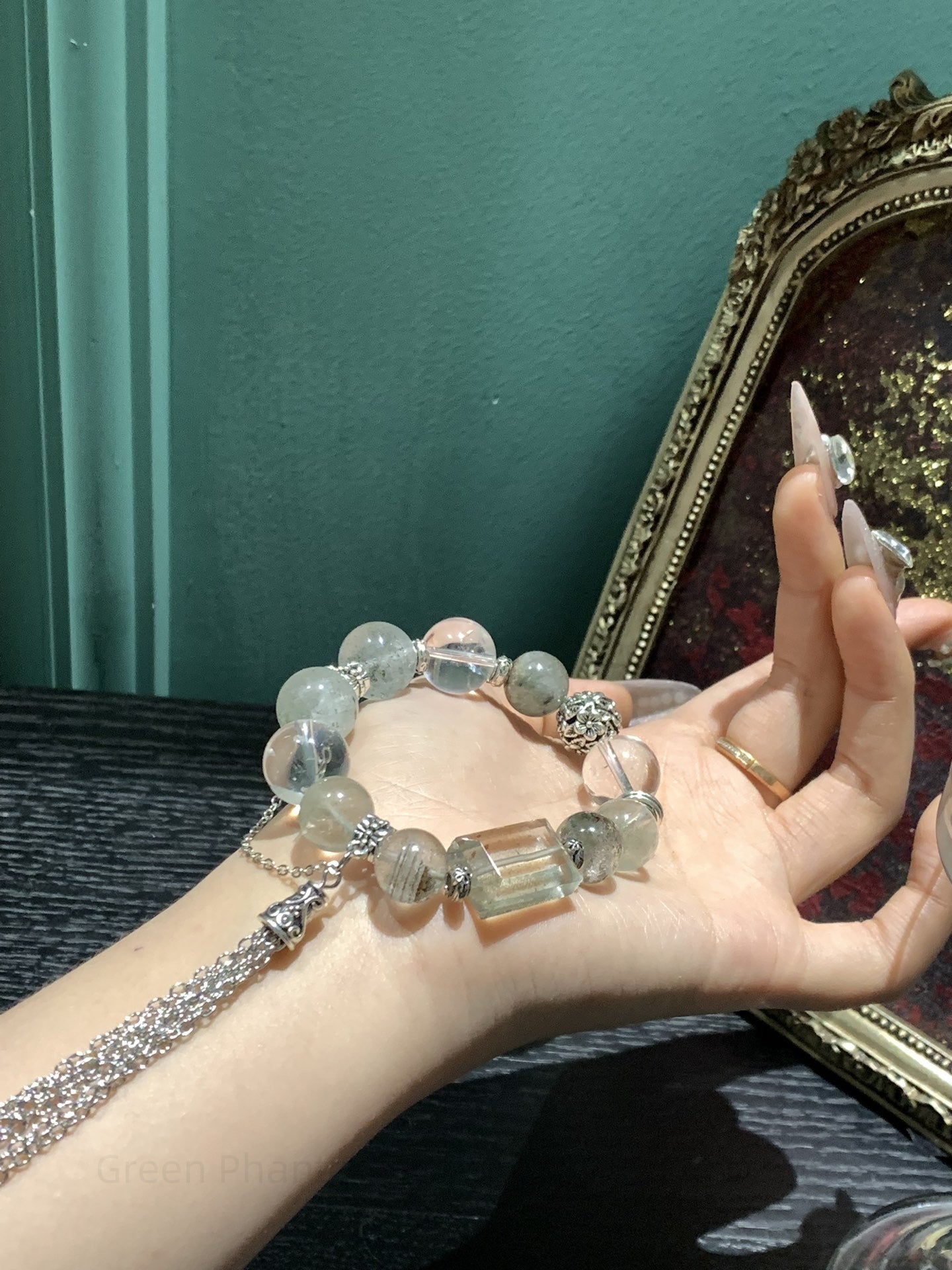 Green Phantom & Clear Crystal Bracelet for Prosperity, Harmony & Clarity Adjustable Natural Gemstone Gift for Women & Men