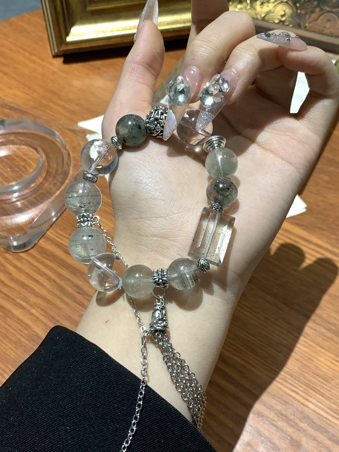 Green Phantom & Clear Crystal Bracelet for Prosperity, Harmony & Clarity Adjustable Natural Gemstone Gift for Women & Men