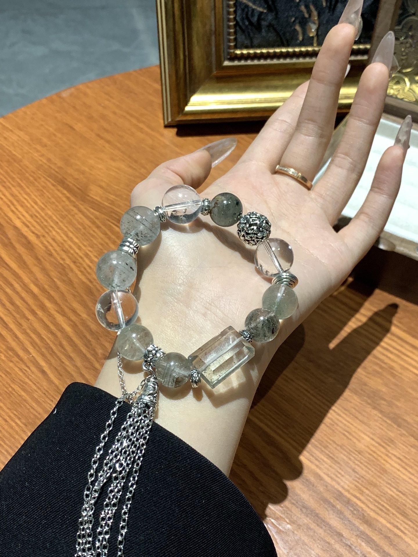Green Phantom & Clear Crystal Bracelet for Prosperity, Harmony & Clarity Adjustable Natural Gemstone Gift for Women & Men