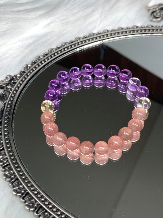 Harmony Crystal Trio Bracelet: Uruguayan Amethyst, Citrine & Red Strawberry Quartz for Creative Energy, Confidence & Loving Vibes