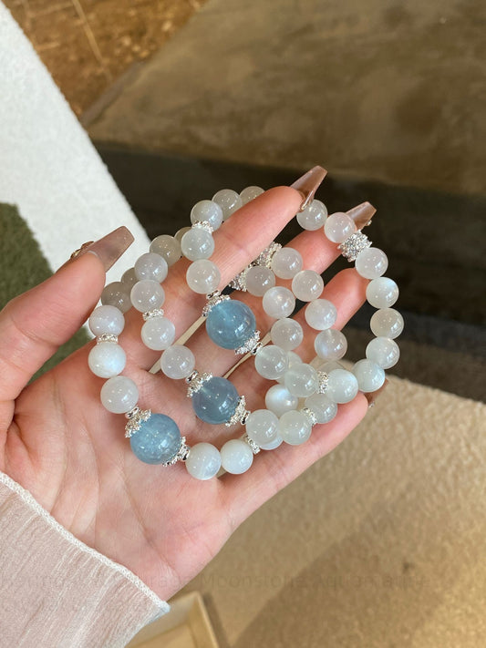 Harmony & Courage Moonstone Aquamarine Crystal Bracelet - Intuition Jewelry for Spiritual Balance & Communication