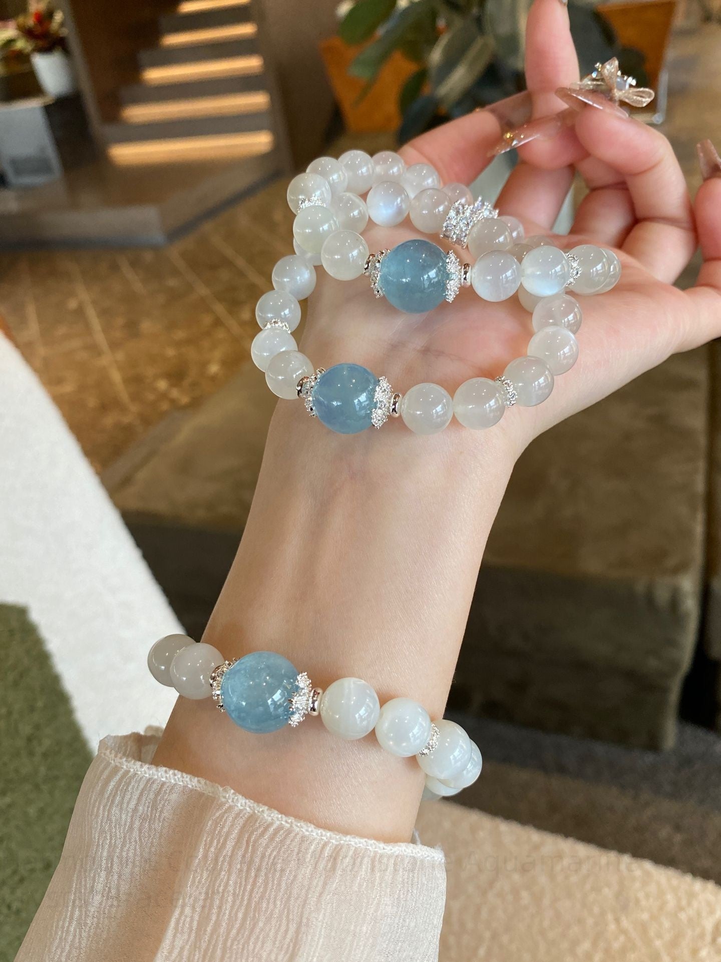 Harmony & Courage Moonstone Aquamarine Crystal Bracelet - Intuition Jewelry for Spiritual Balance & Communication