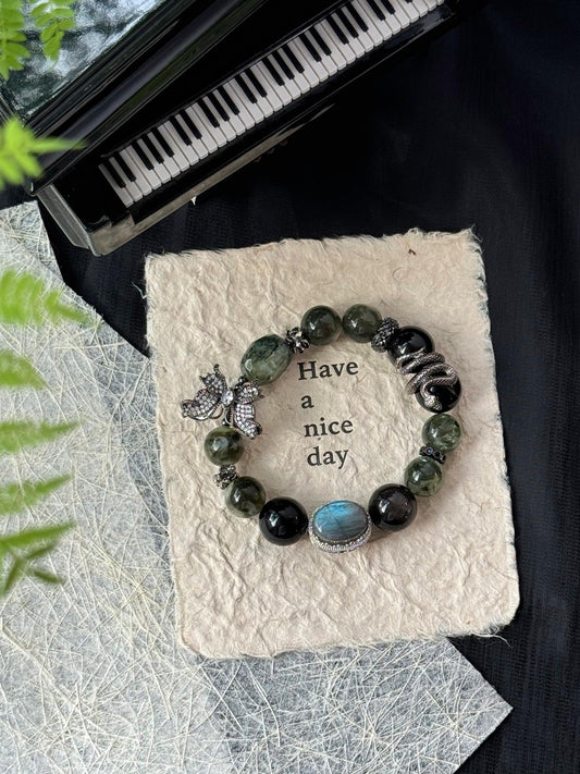 Harmony & Protection Crystal Bracelet for Heart & Root Chakra Balancing - Wood/Water Element Energy with Lepidolite, Emerald, Silver Obsidian & Prehnite