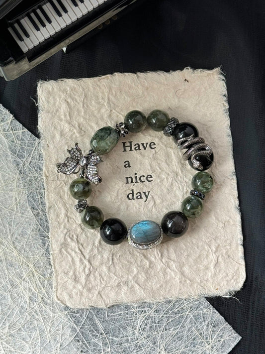 Harmony & Protection Crystal Bracelet for Heart & Root Chakra Balancing - Wood/Water Element Energy with Lepidolite, Emerald, Silver Obsidian & Prehnite