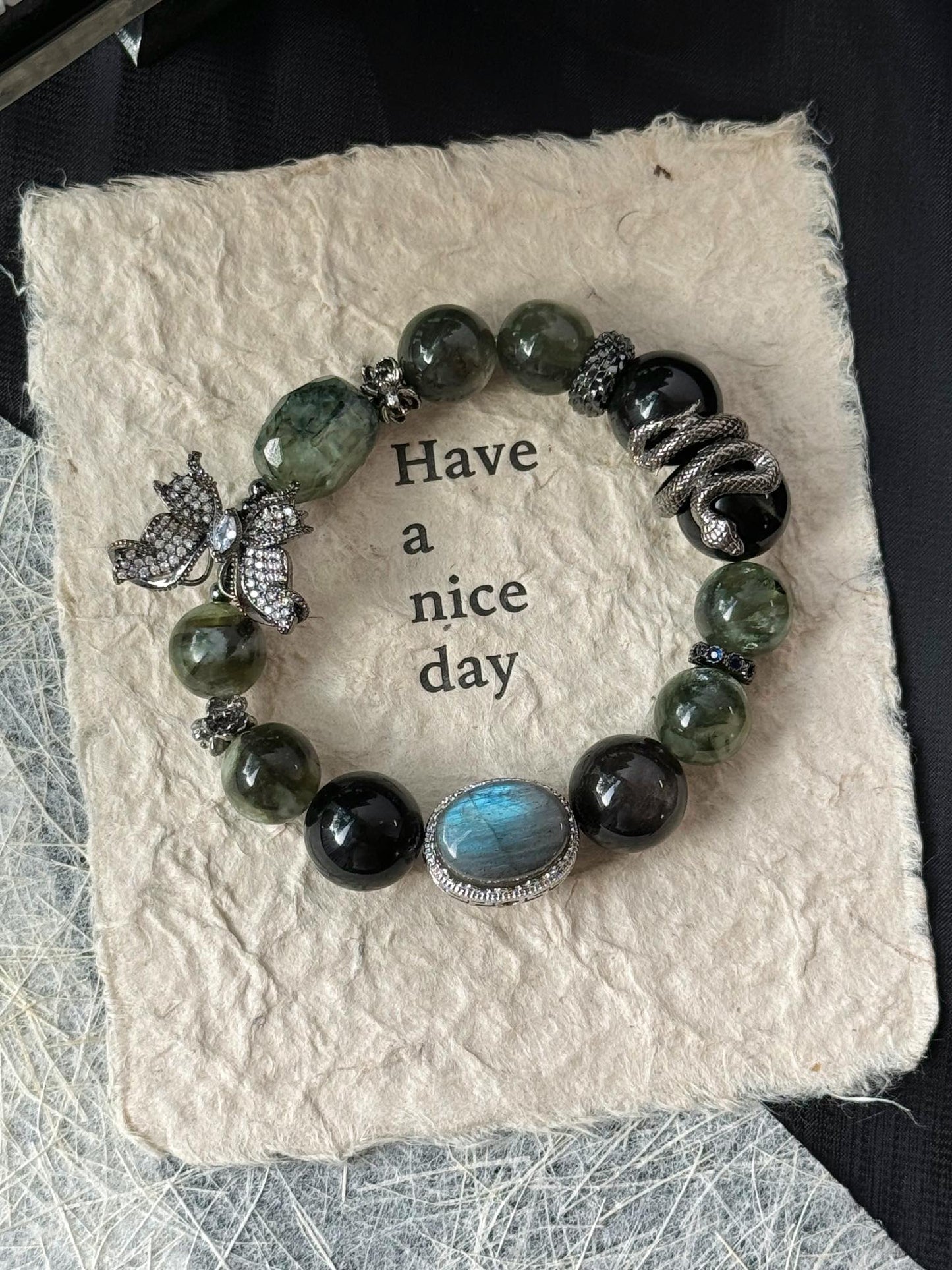 Harmony & Protection Crystal Bracelet for Heart & Root Chakra Balancing - Wood/Water Element Energy with Lepidolite, Emerald, Silver Obsidian & Prehnite