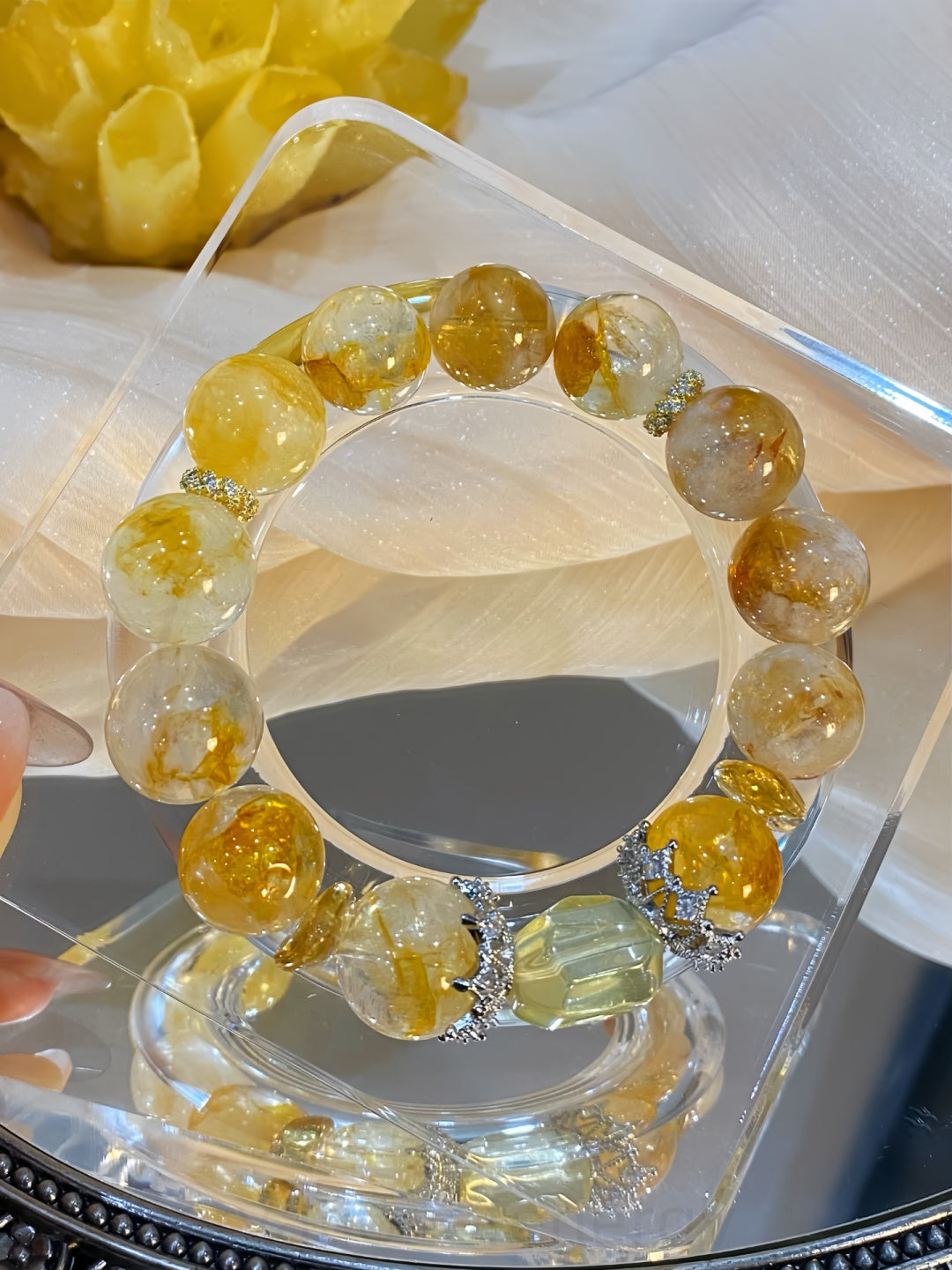 Honey Yellow Phantom Quartz Bracelet for Wealth, Confidence & Positive Energy – Chakra Balancing Stone Jewelry for Mindfulness & Spiritual Growth