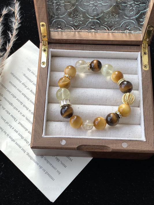 Lemon Quartz, Golden Tiger Eye, Yellow Tiger Eye & Citrine Crystal Bracelet for Wealth, Confidence & Positive Energy