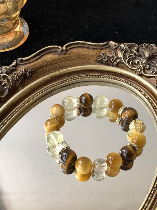 Lemon Quartz, Golden Tiger Eye, Yellow Tiger Eye & Citrine Crystal Bracelet for Wealth, Confidence & Positive Energy