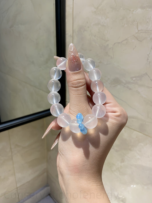 Milk Quartz & Aquamarine Crystal Bracelet for Calm Energy & Confident Communication - Harmonizing Jewelry for Spiritual Balance