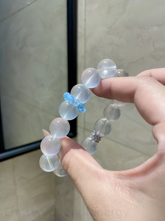 Milk Quartz & Aquamarine Crystal Bracelet for Calm Energy & Confident Communication - Harmonizing Jewelry for Spiritual Balance