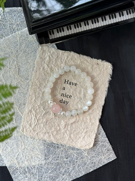 Moonstone & Rose Quartz Chakra Bracelet for Crown & Heart Energy - Five Elements Metal-Fire Design Spiritual Harmony Jewelry