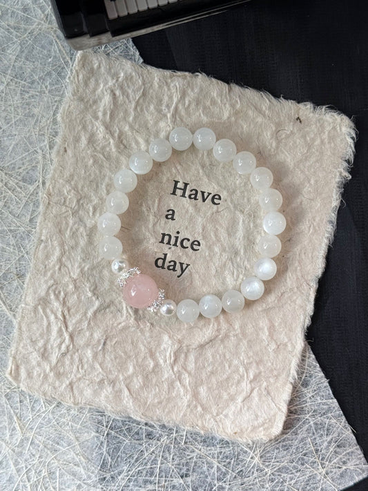 Moonstone & Rose Quartz Chakra Bracelet for Crown & Heart Energy - Five Elements Metal-Fire Design Spiritual Harmony Jewelry