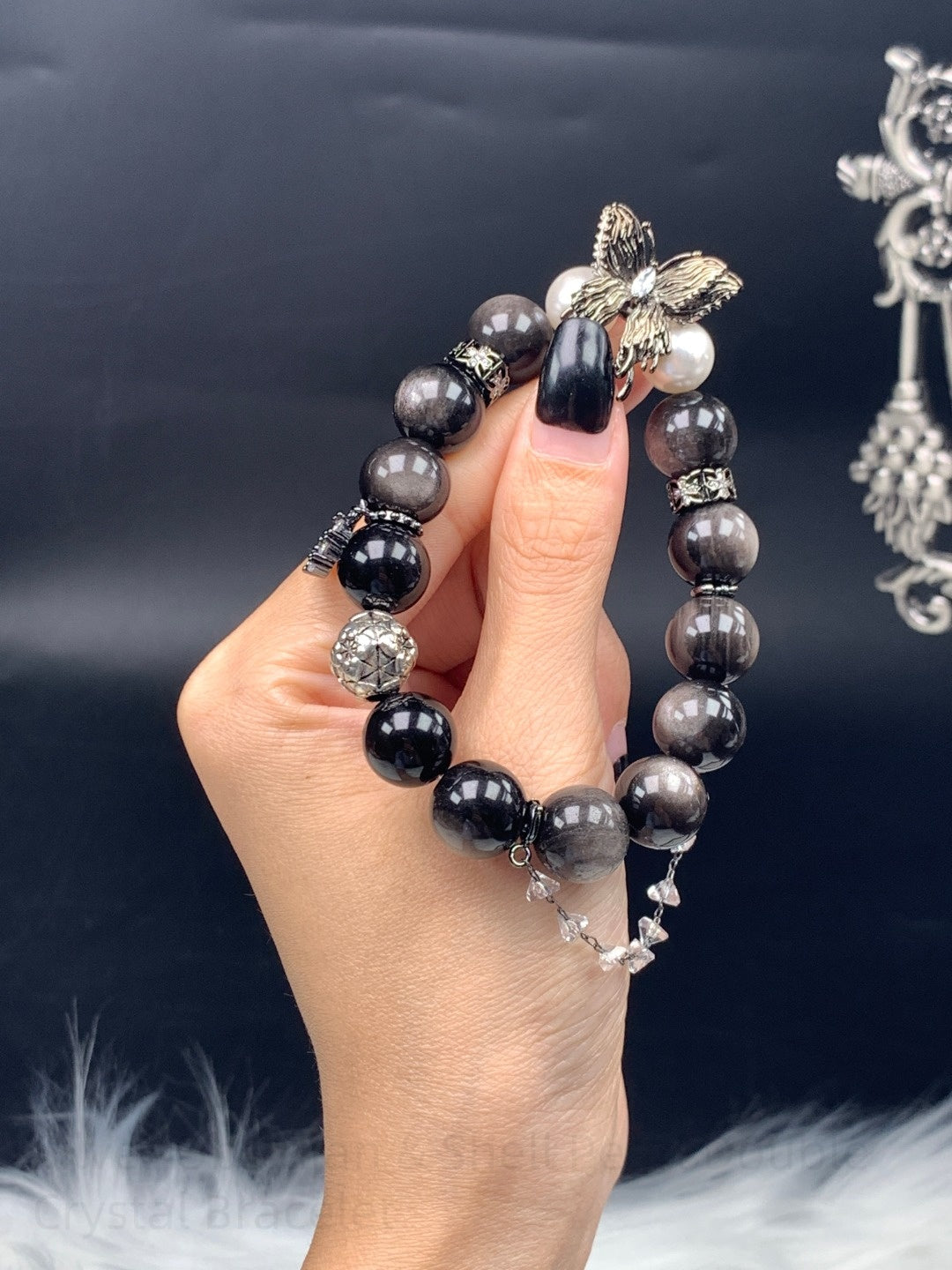 Silver Obsidian & Shell Pearl Double Crystal Bracelet - Spiritual Protection Bracelet for Positive Energy & Harmonious Relationships