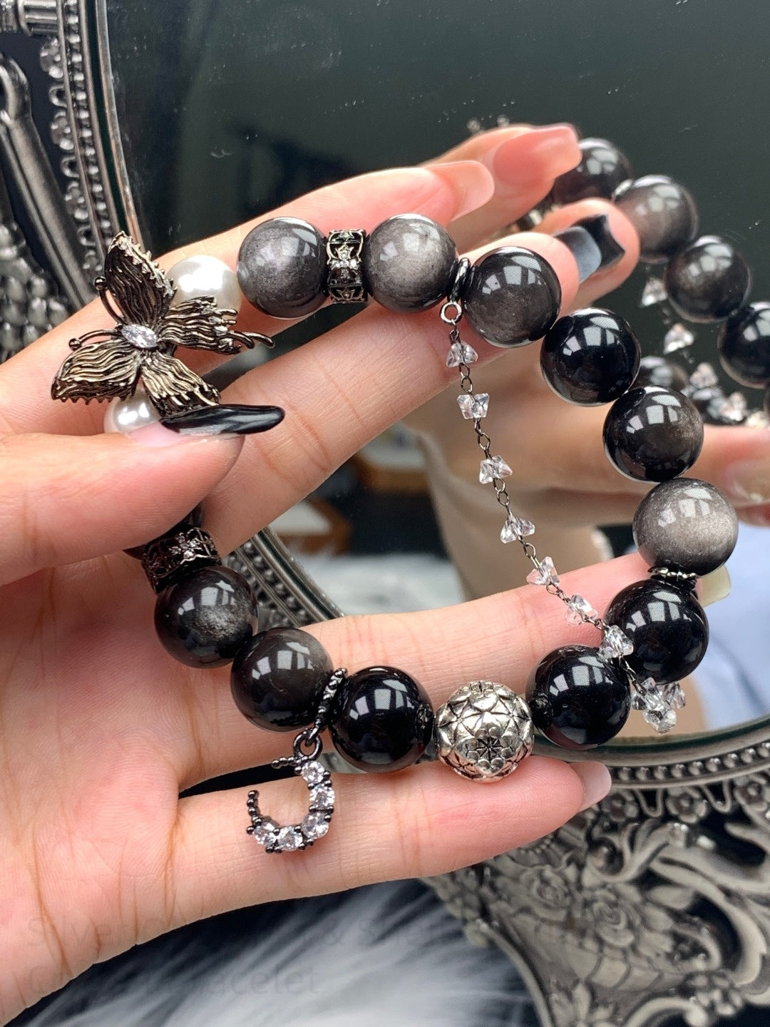 Silver Obsidian & Shell Pearl Double Crystal Bracelet - Spiritual Protection Bracelet for Positive Energy & Harmonious Relationships