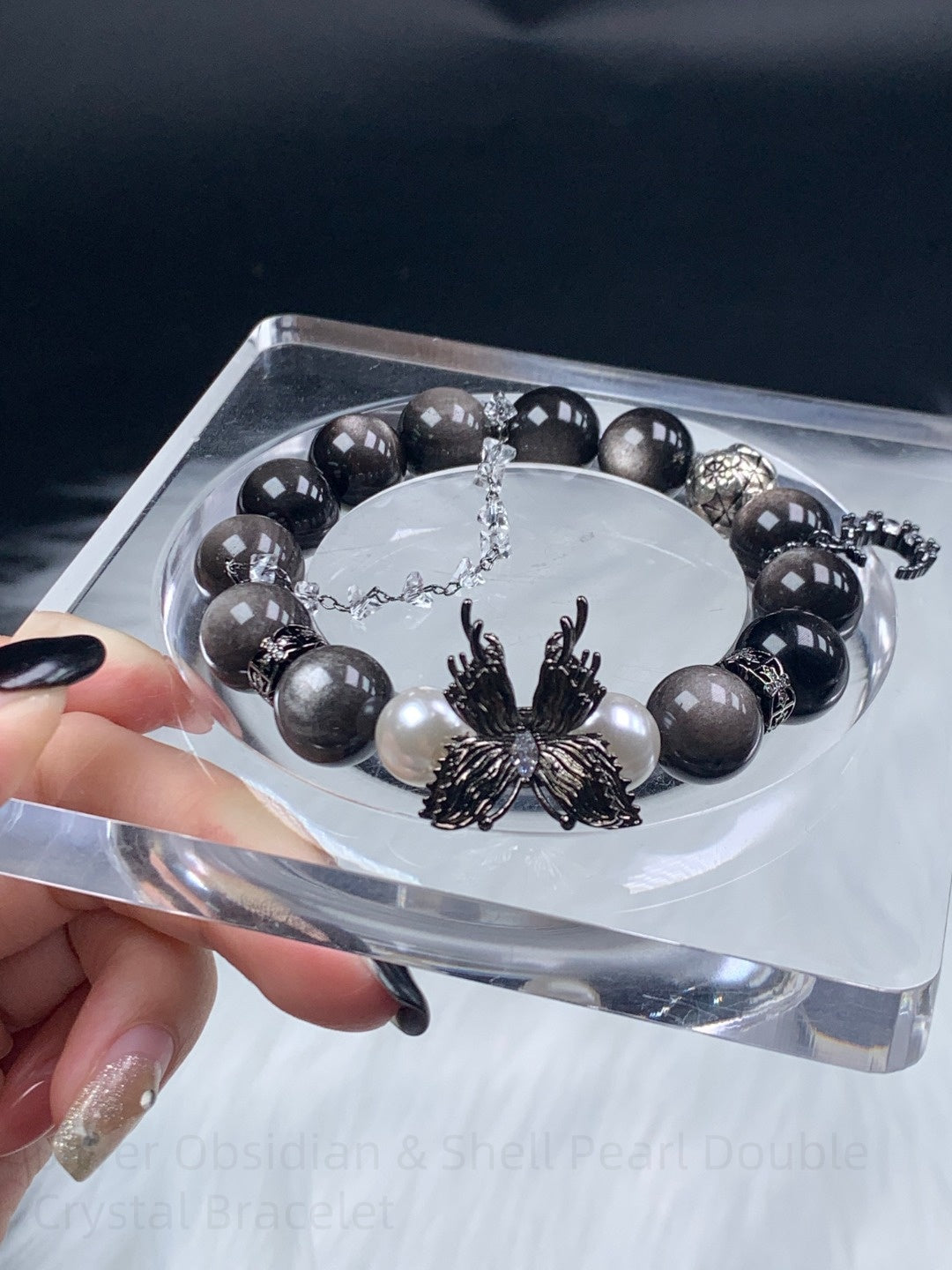 Silver Obsidian & Shell Pearl Double Crystal Bracelet - Spiritual Protection Bracelet for Positive Energy & Harmonious Relationships
