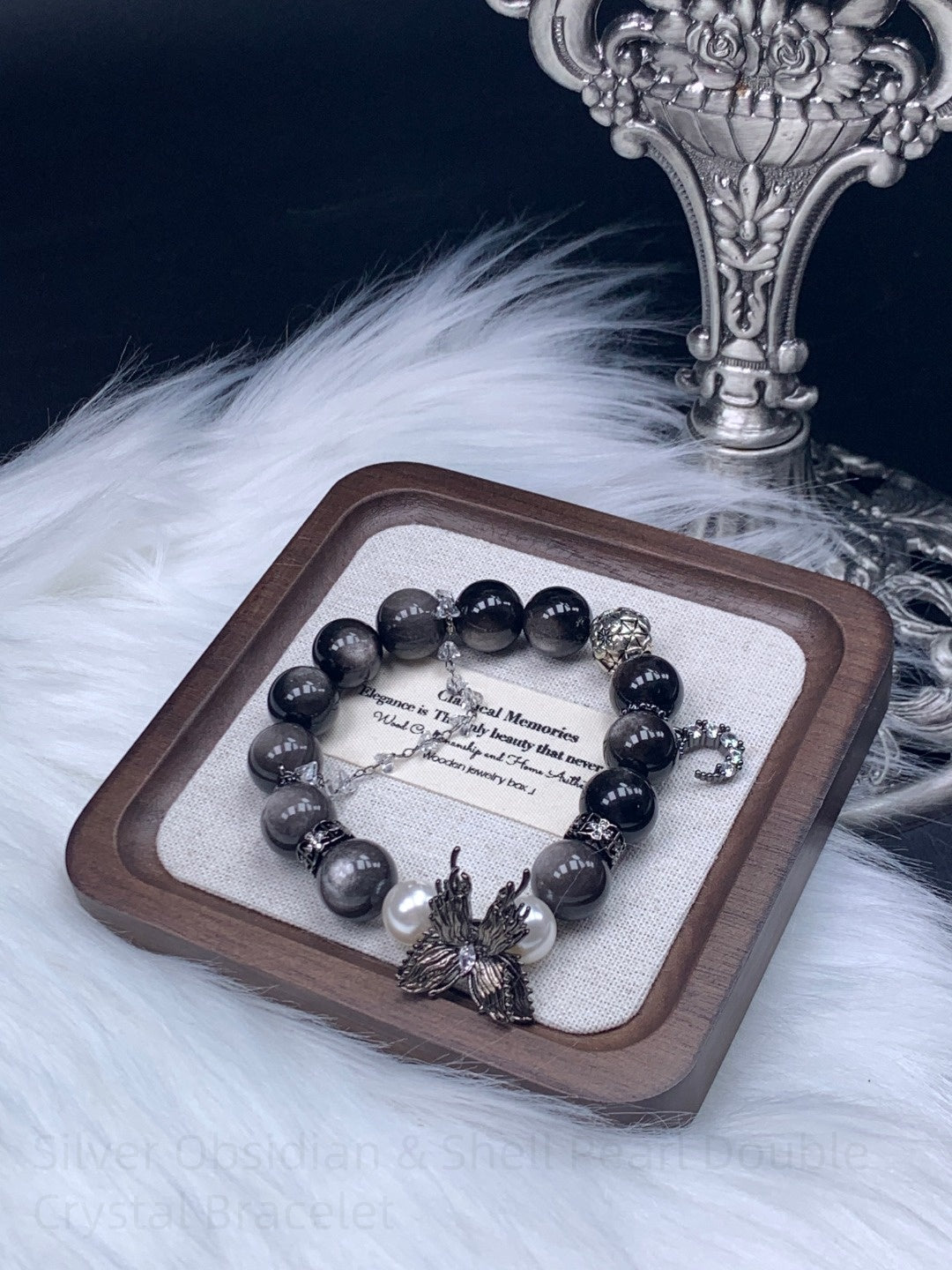 Silver Obsidian & Shell Pearl Double Crystal Bracelet - Spiritual Protection Bracelet for Positive Energy & Harmonious Relationships