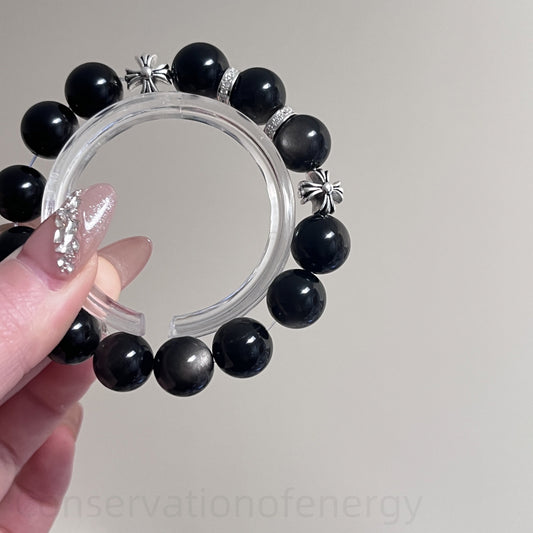 Silver Sheen Obsidian Crystal Bracelet for Energy Protection, Anxiety Relief & Spiritual Growth - Night Guardian Healing Jewelry