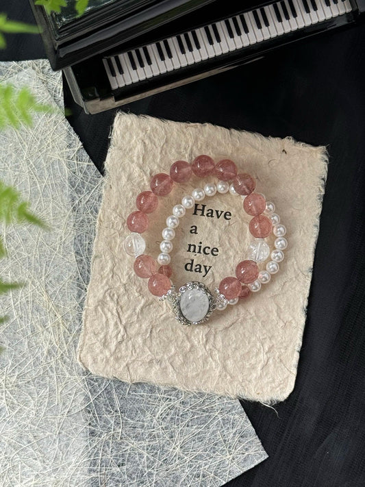 Strawberry Quartz & White Phantom Quartz Chakra Bracelet - Five Elements (Metal & Fire) Heart & Solar Plexus Chakra Balancing, Positive Energy, Spiritual Growth, Self-Love