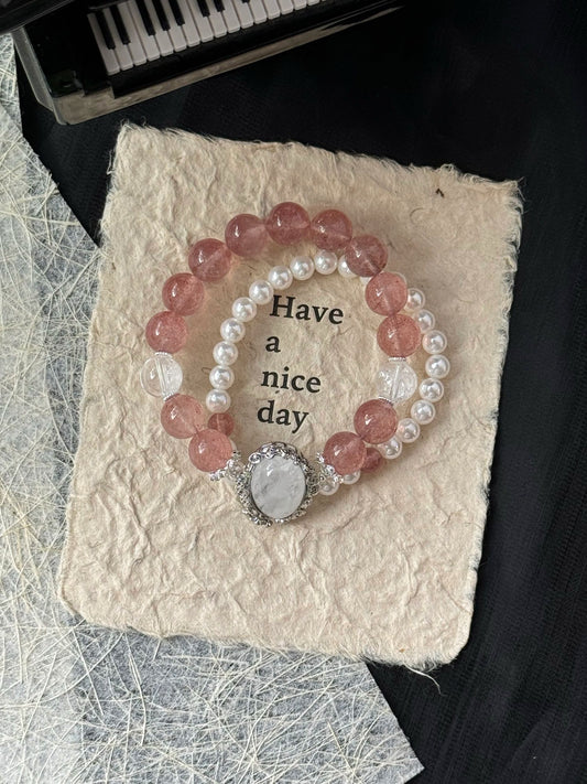 Strawberry Quartz & White Phantom Quartz Chakra Bracelet - Five Elements (Metal & Fire) Heart & Solar Plexus Chakra Balancing, Positive Energy, Spiritual Growth, Self-Love
