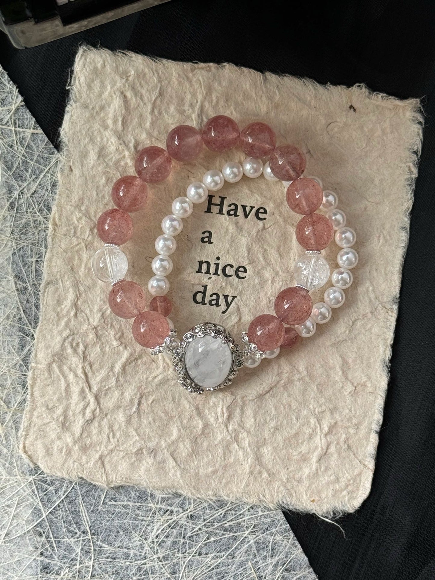 Strawberry Quartz & White Phantom Quartz Chakra Bracelet - Five Elements (Metal & Fire) Heart & Solar Plexus Chakra Balancing, Positive Energy, Spiritual Growth, Self-Love