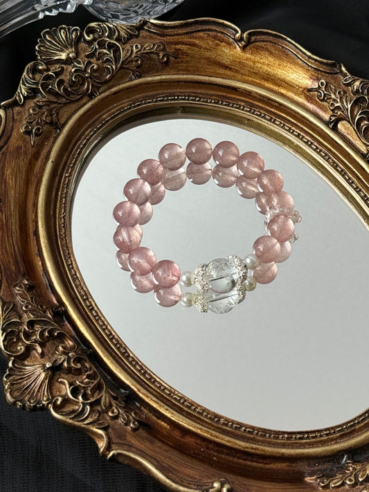 Strawberry Quartz, White Phantom, Rose Quartus Chakra Bracelet for Heart & Solar Plexus - Five Elements Metal & Fire Energy Balance