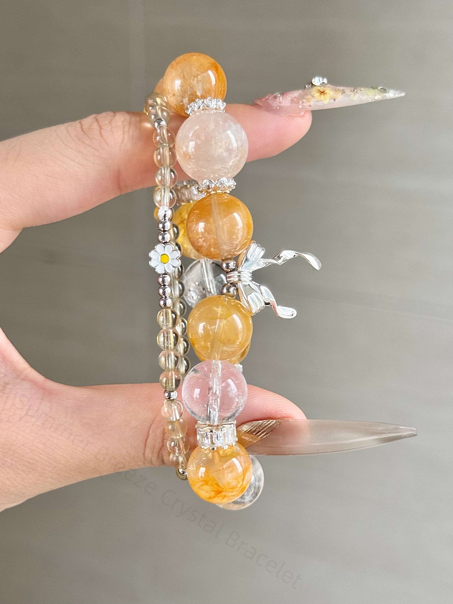 Summer Breeze Crystal Bracelet | White Quartz + Snowflake Phantom + Golden Rutilated Quartz | Cooling Energy & Wealth Attraction
