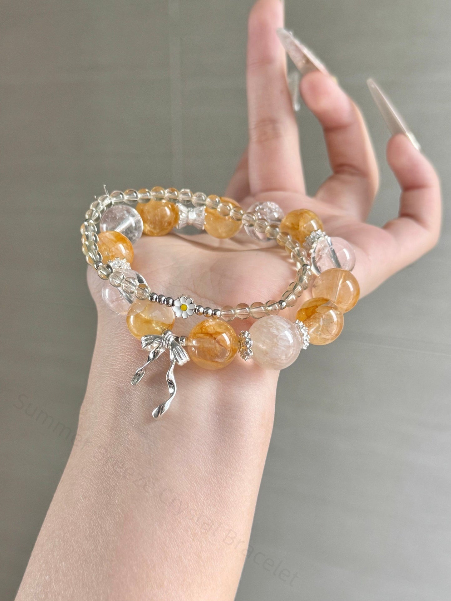 Summer Breeze Crystal Bracelet | White Quartz + Snowflake Phantom + Golden Rutilated Quartz | Cooling Energy & Wealth Attraction