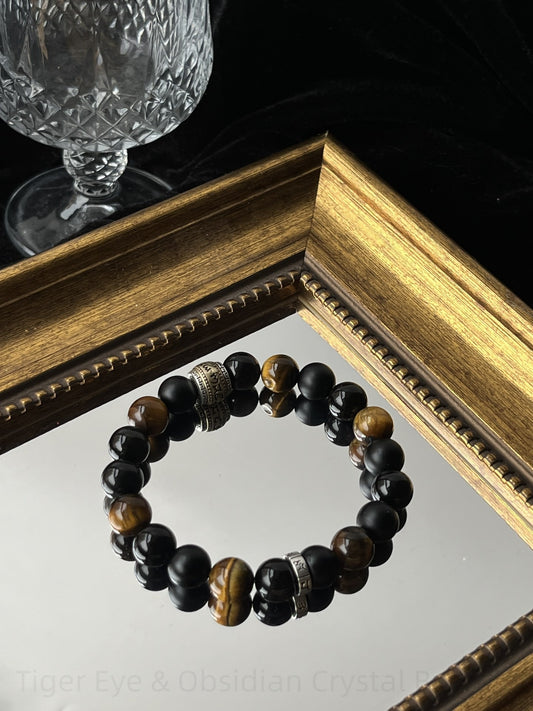 Tiger Eye & Obsidian Crystal Bracelet for Protection, Courage & Energy Balance - Grounding Spiritual Jewelry for Men & Women