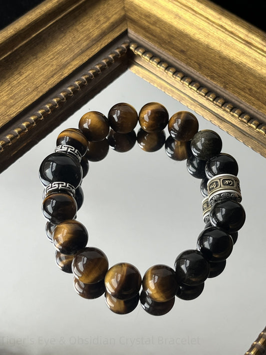 Tiger's Eye & Obsidian Crystal Bracelet for Protection, Wealth & Energy Balance - Unisex Healing Stone Jewelry